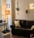 a comfortable couch with warm lighting